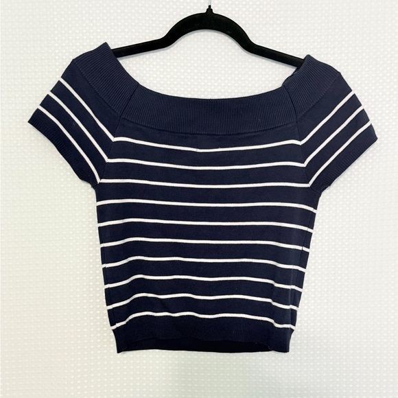 Cotton On Navy White Striped Knit Crop Top Cap Sleeve Fitted Size L - Picture 3 of 5